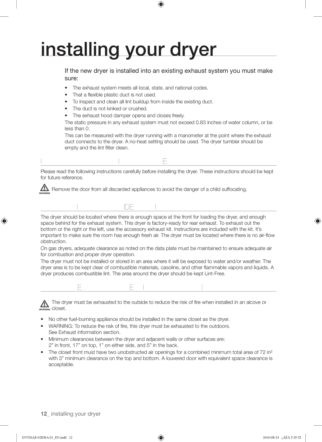 Samsung DV520AE-02836A-01 user manual Important to Installer, Location Considerations, Alcove or Closet Installation 