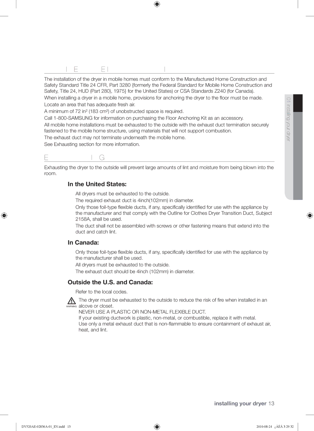 Samsung DV520AE-02836A-01 user manual Mobile Home Installation, Exhausting, United States, Outside the U.S. and Canada 