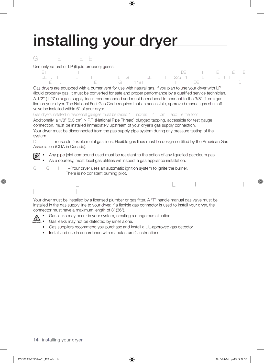 Samsung DV520AE-02836A-01 user manual GAS Requirements, Commonwealth of Massachusetts Installation Instructions 