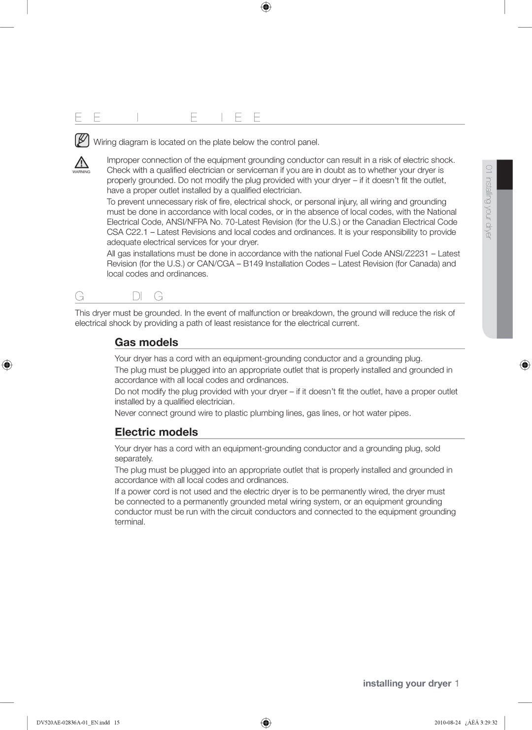 Samsung DV520AE-02836A-01 user manual Electrical Requirements, Grounding, Gas models, Electric models 