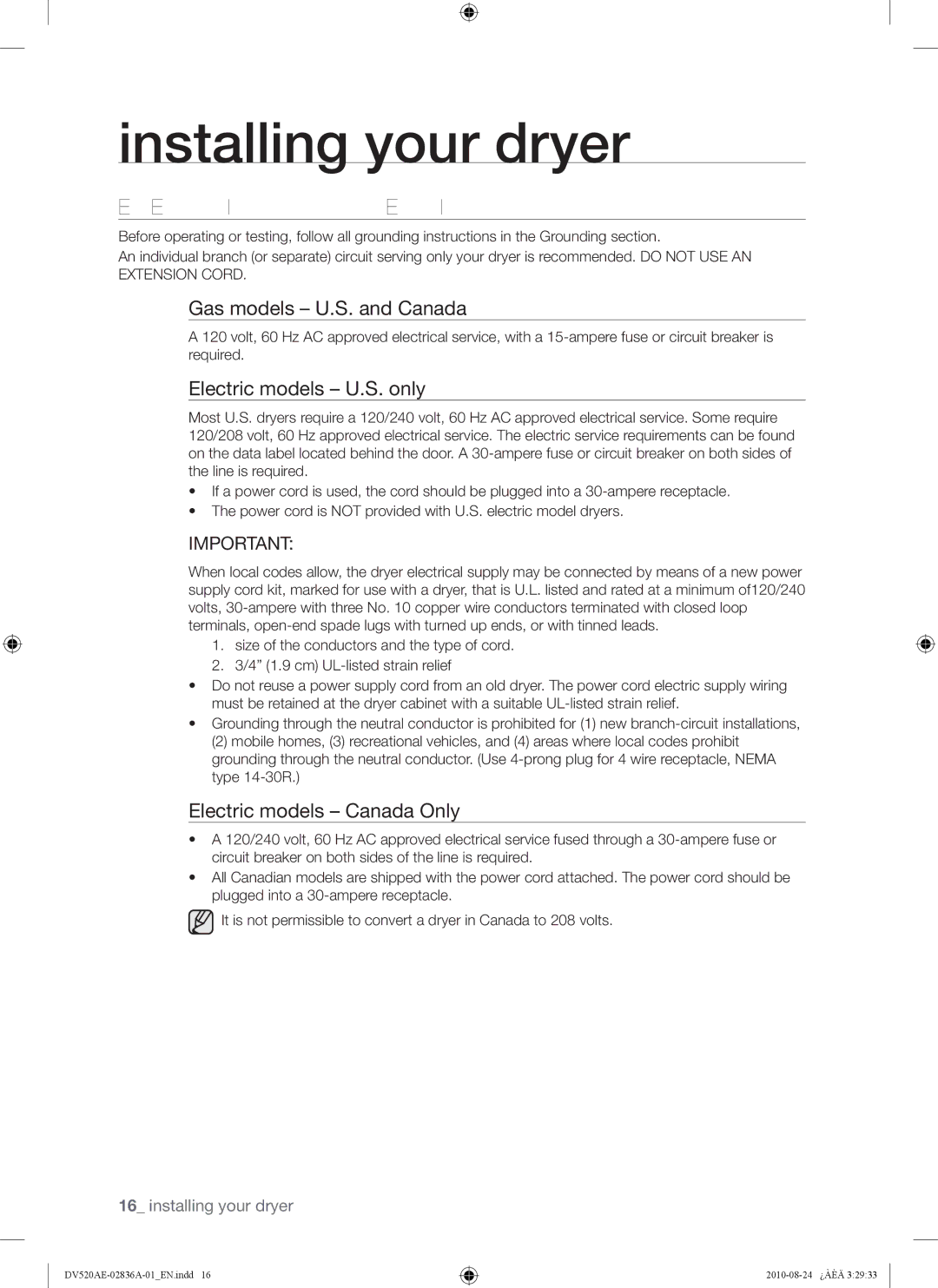 Samsung DV520AE-02836A-01 user manual Electrical Connections, Gas models U.S. and Canada, Electric models U.S. only 