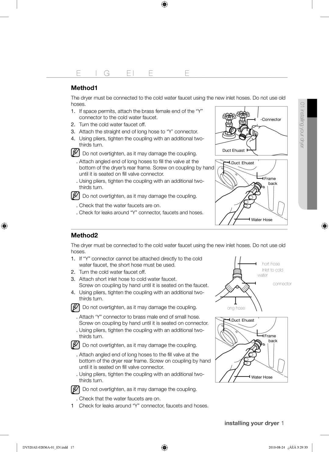 Samsung DV520AE-02836A-01 user manual Connecting the Inlet Hose, Method1, Method2 