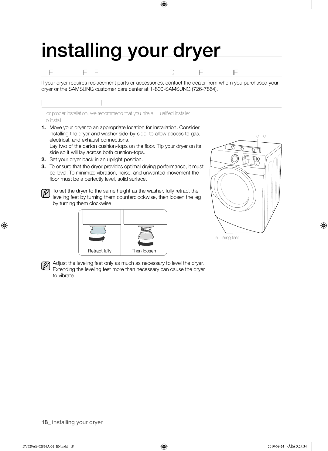 Samsung DV520AE-02836A-01 user manual Replacement Parts and Accessories, Installation, Electrical, and exhaust connections 