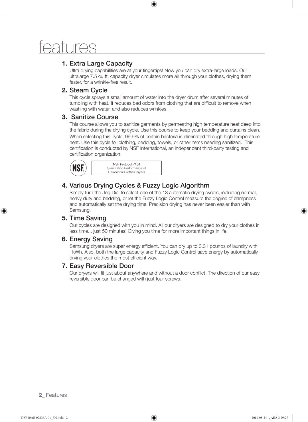 Samsung DV520AE-02836A-01 user manual Features 