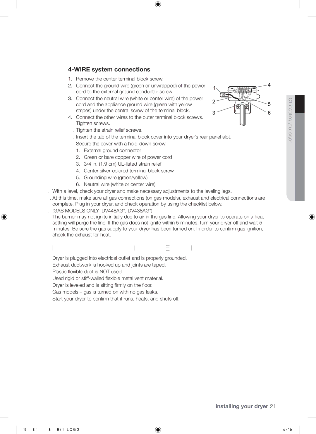 Samsung DV520AE-02836A-01 user manual Final Installation Checklist, GAS Models ONLY- DV448AG*, DV438AG 