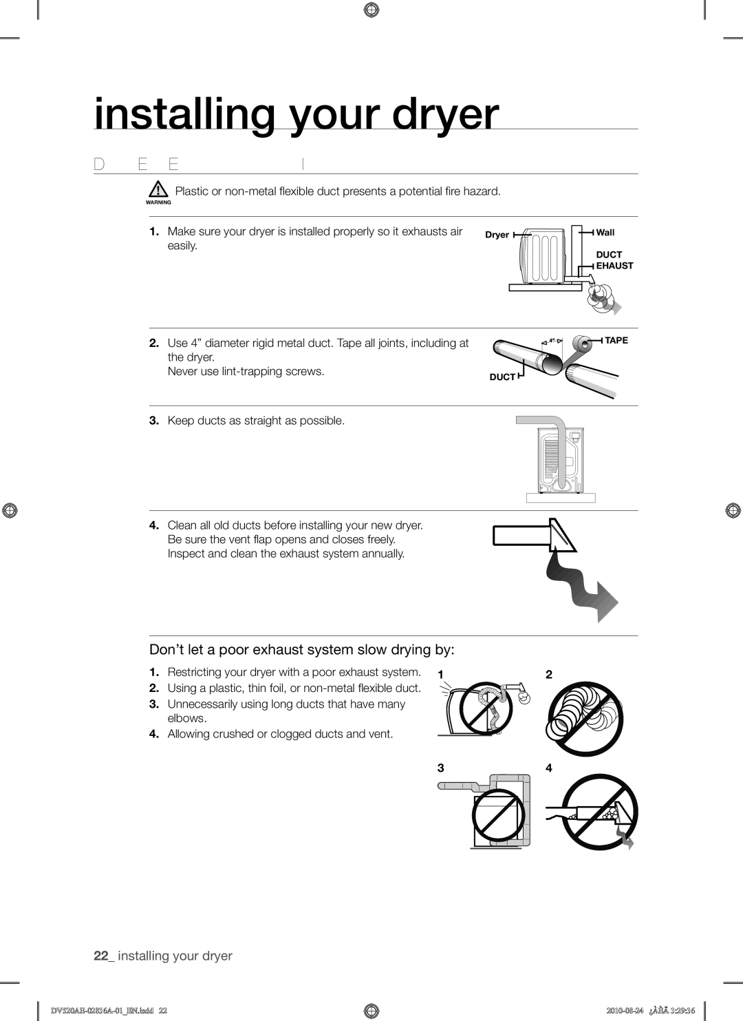 Samsung DV520AE-02836A-01 user manual Dryer Exhaust Tips, Don’t let a poor exhaust system slow drying by 