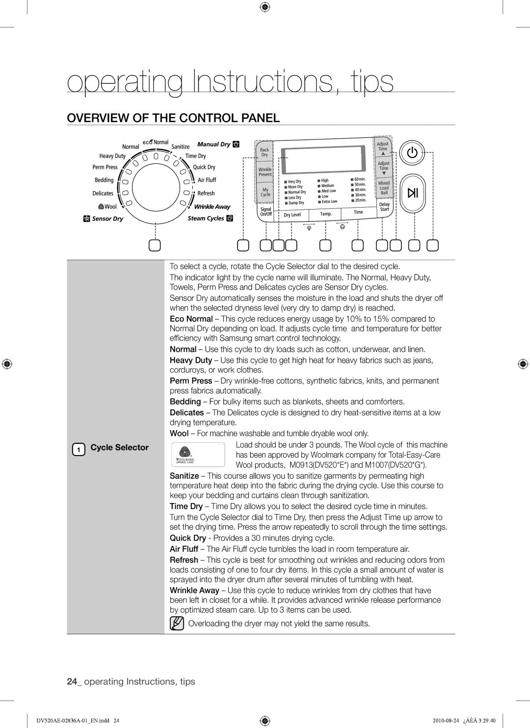 Samsung DV520AE-02836A-01 Operating Instructions, tips, Overview of the Control Panel, Drying temperature, Cycle Selector 