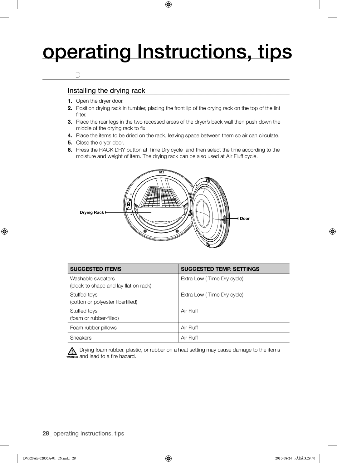 Samsung DV520AE-02836A-01 user manual Rack DRY, Installing the drying rack, Suggested Items Suggested TEMP. Settings 