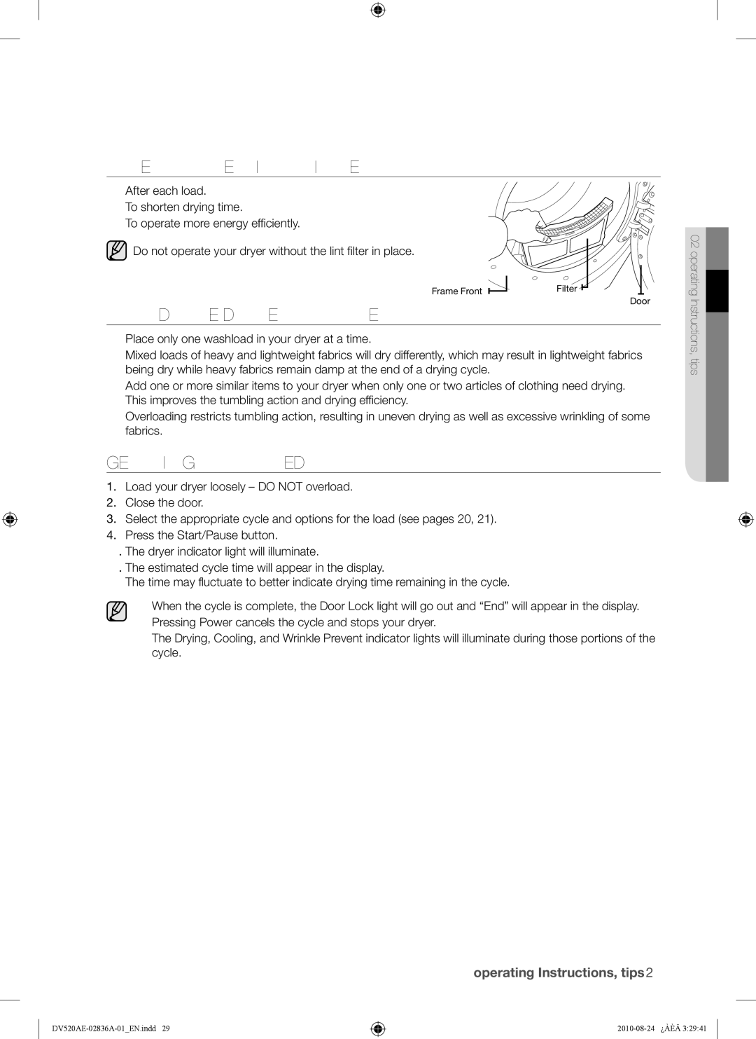 Samsung DV520AE-02836A-01 user manual Clean the Lint Filter, Load the Dryer Properly, Getting Started 