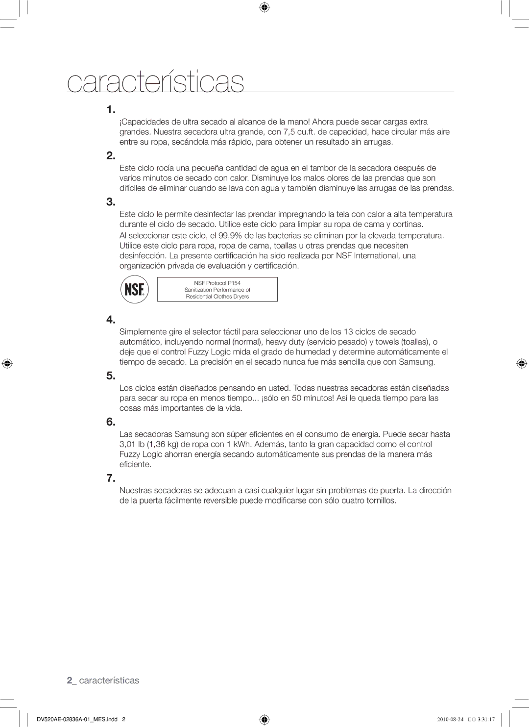 Samsung DV520AE-02836A-01 user manual Características 