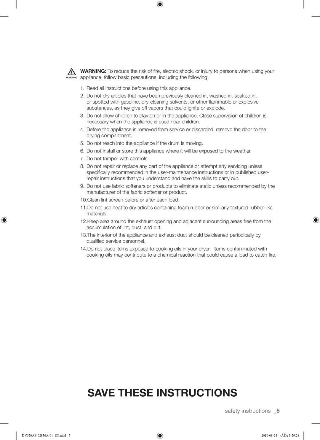 Samsung DV520AE-02836A-01 user manual Safety instructions 