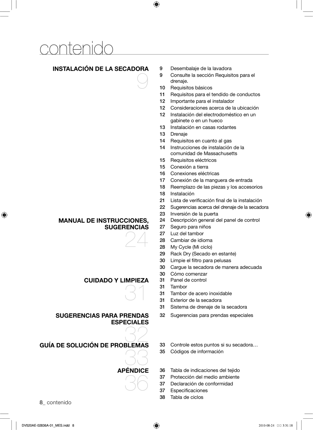 Samsung DV520AE-02836A-01 user manual Contenido, Declaración de conformidad, Especificaciones, Tabla de ciclos 