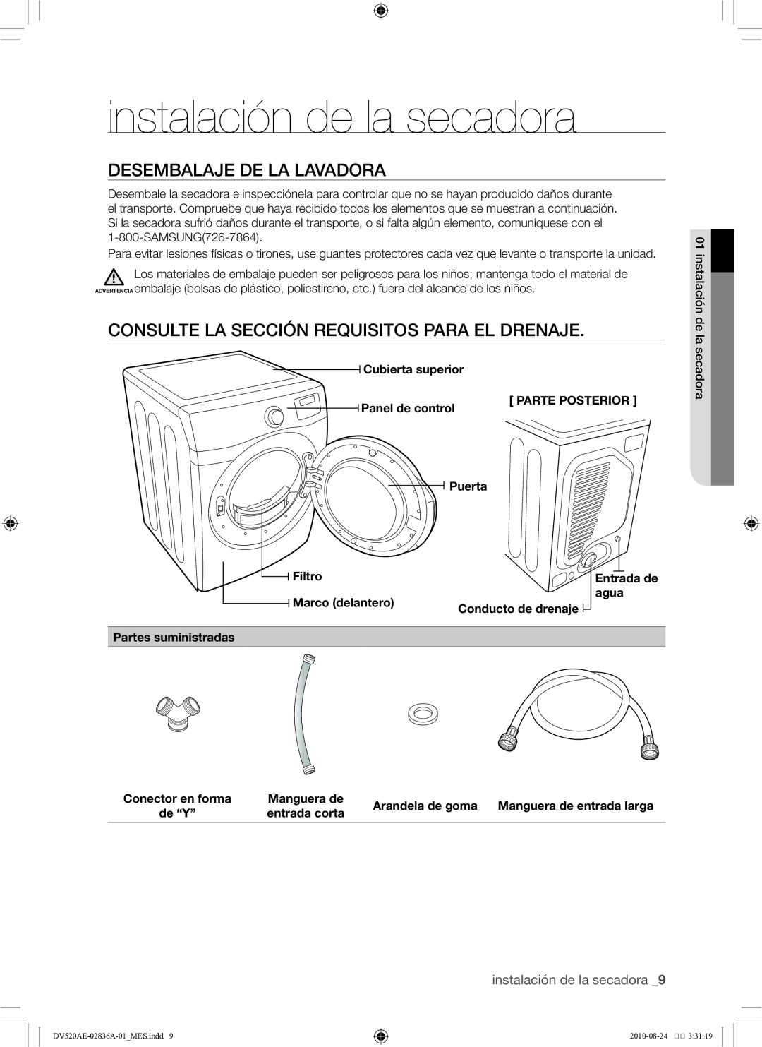 Samsung DV520AE-02836A-01 Instalación de la secadora, Desembalaje de la lavadora, Cubierta superior Panel de control 