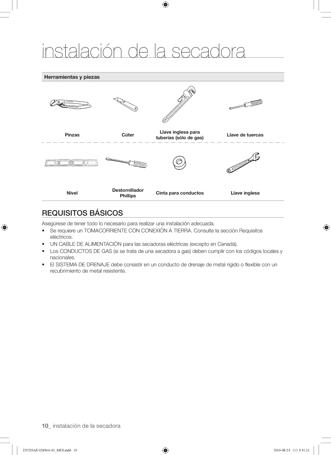 Samsung DV520AE-02836A-01 user manual Requisitos básicos, Herramientas y piezas 