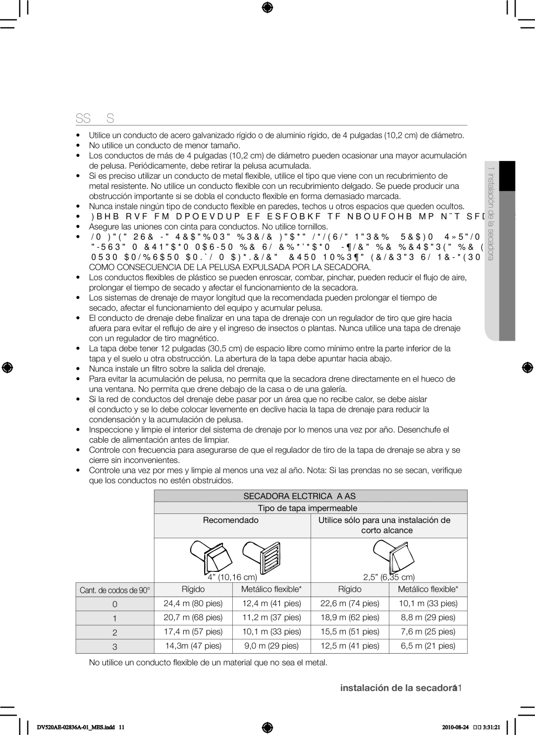 Samsung DV520AE-02836A-01 user manual Requisitos para el tendido de conductos, Secadora Eléctrica Y a GAS, 10,16 cm 6,35 cm 