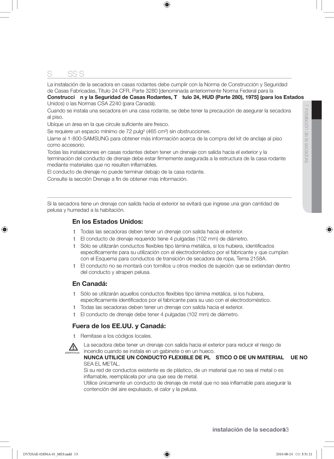 Samsung DV520AE-02836A-01 user manual Instalación en casas rodantes, Drenaje, En los Estados Unidos, En Canadá 