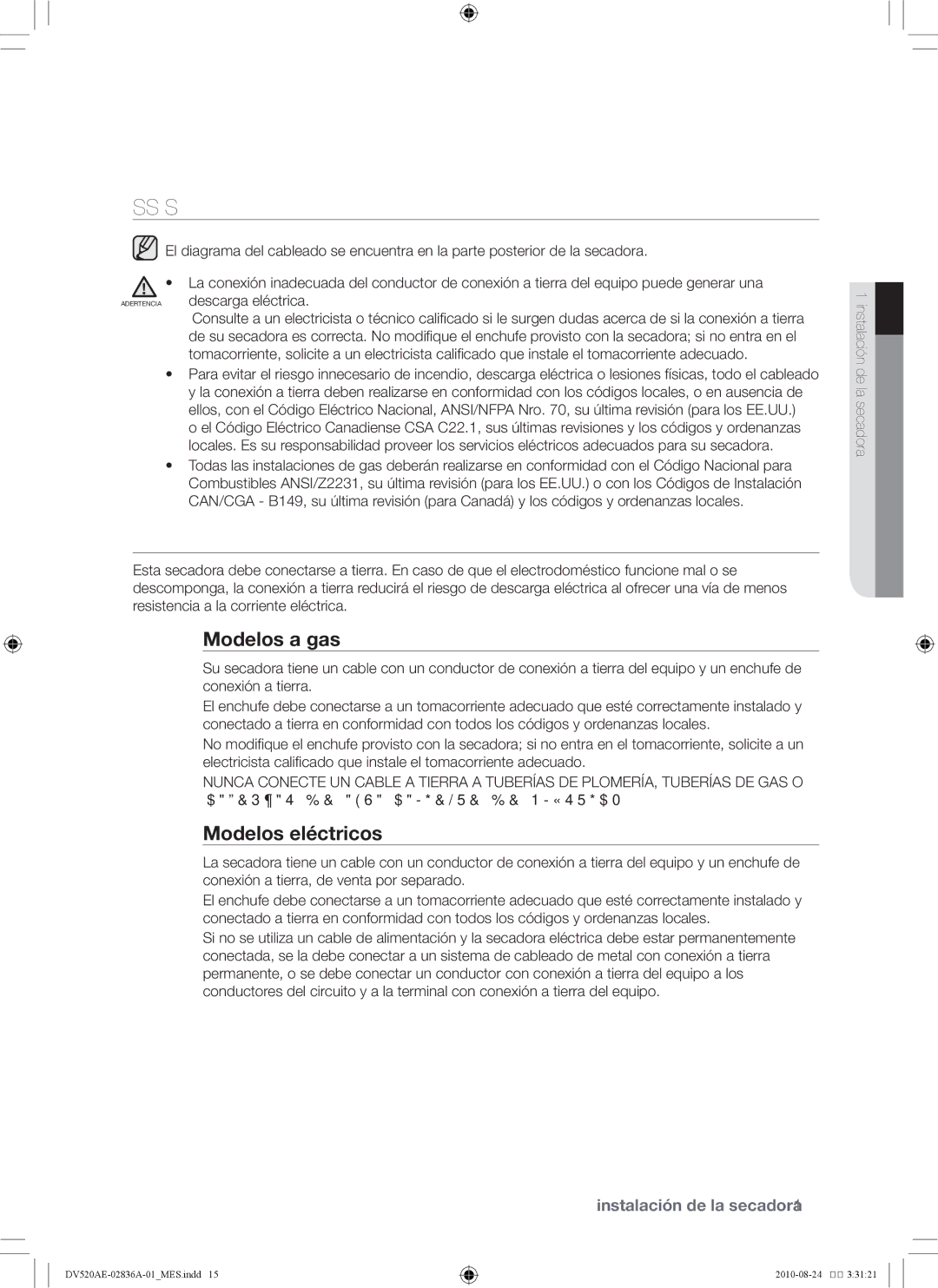 Samsung DV520AE-02836A-01 user manual Requisitos eléctricos, Conexión a tierra, Modelos a gas, Modelos eléctricos 