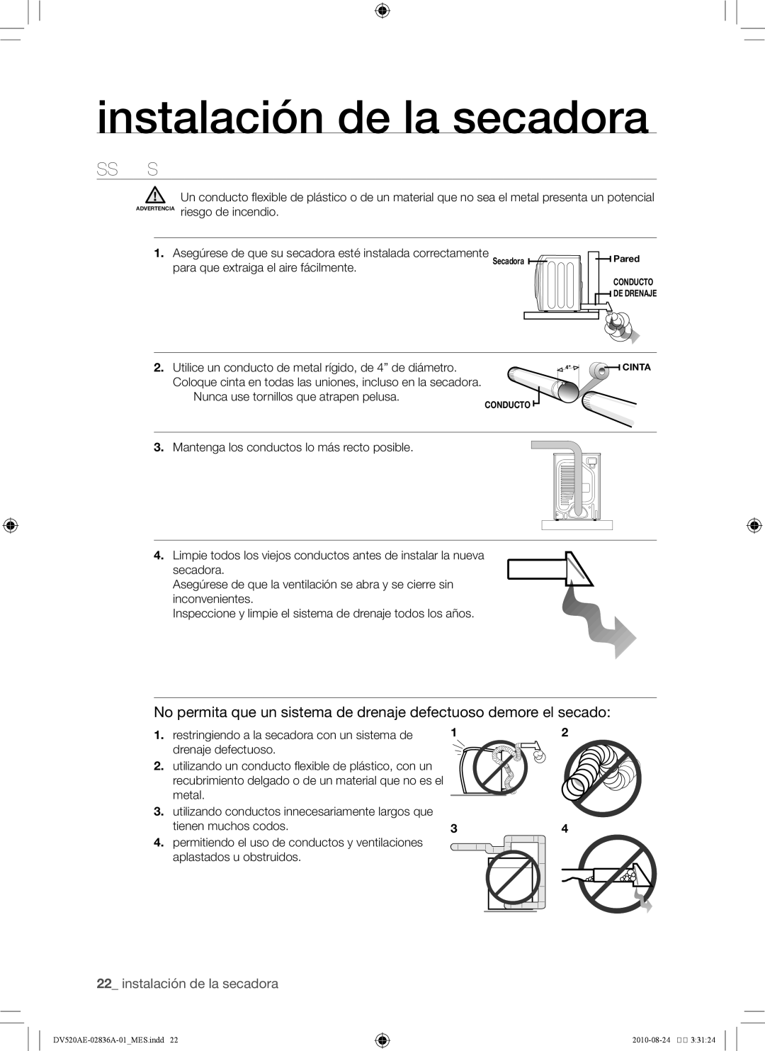 Samsung DV520AE-02836A-01 user manual Sugerencias acerca del drenaje de la secadora, Nunca use tornillos que atrapen pelusa 