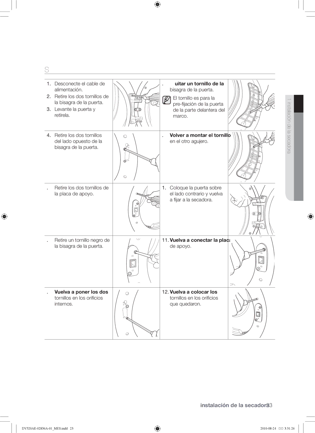 Samsung DV520AE-02836A-01 user manual Inversión de la puerta 