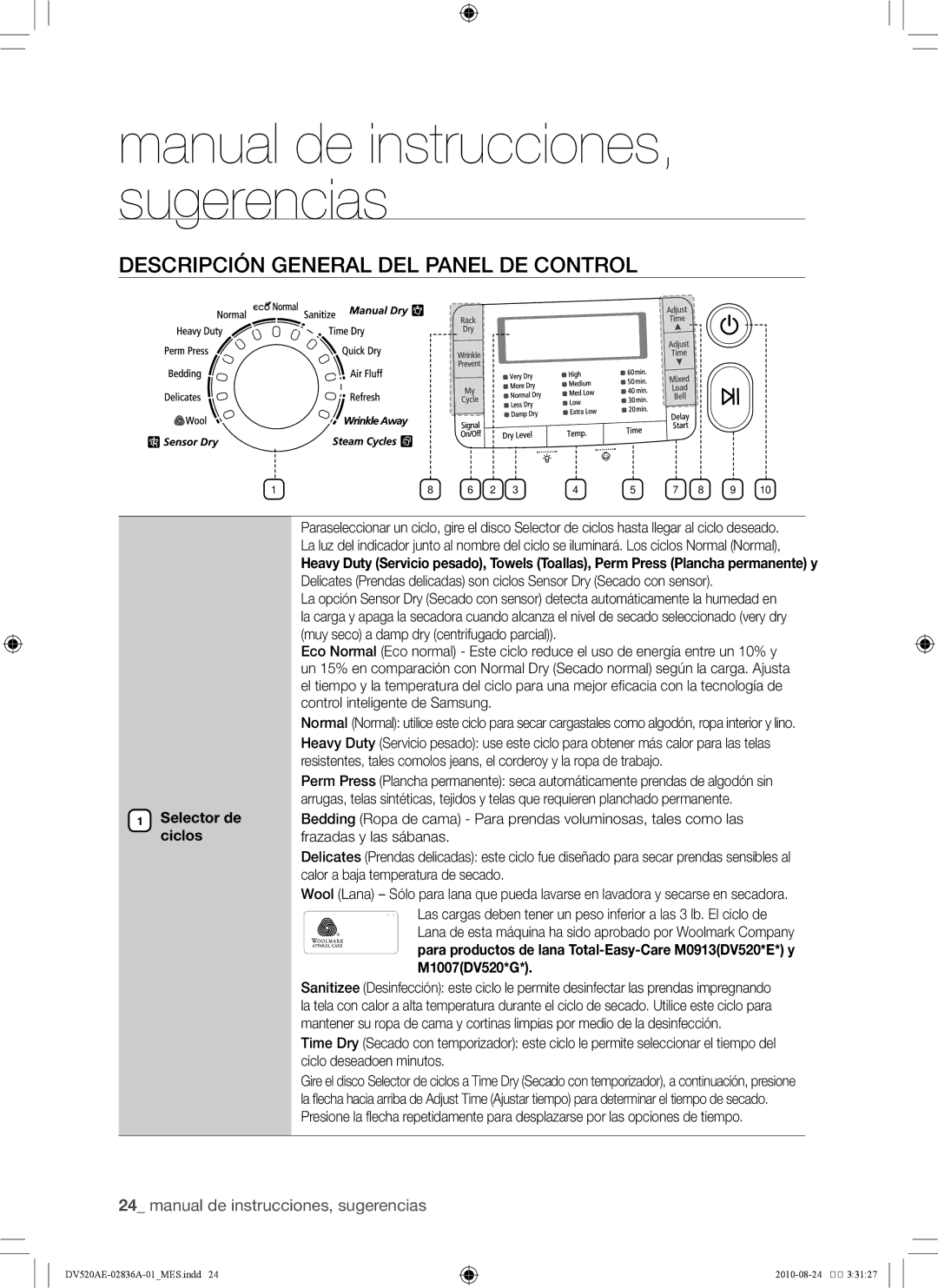 Samsung DV520AE-02836A-01 user manual Descripción general del panel de control, Selector de ciclos 