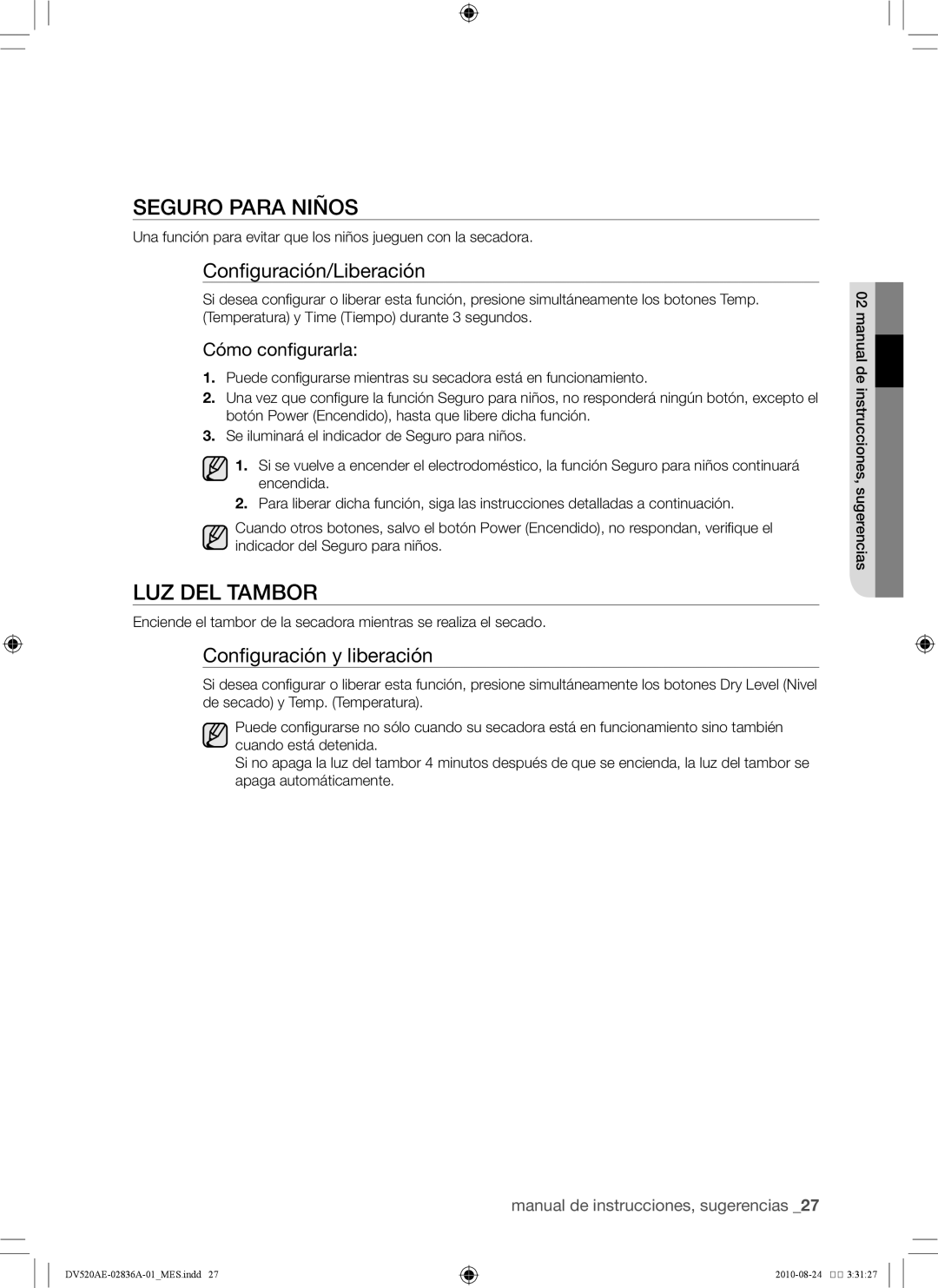 Samsung DV520AE-02836A-01 Seguro para niños, Luz del tambor, Configuración/Liberación, Configuración y liberación 