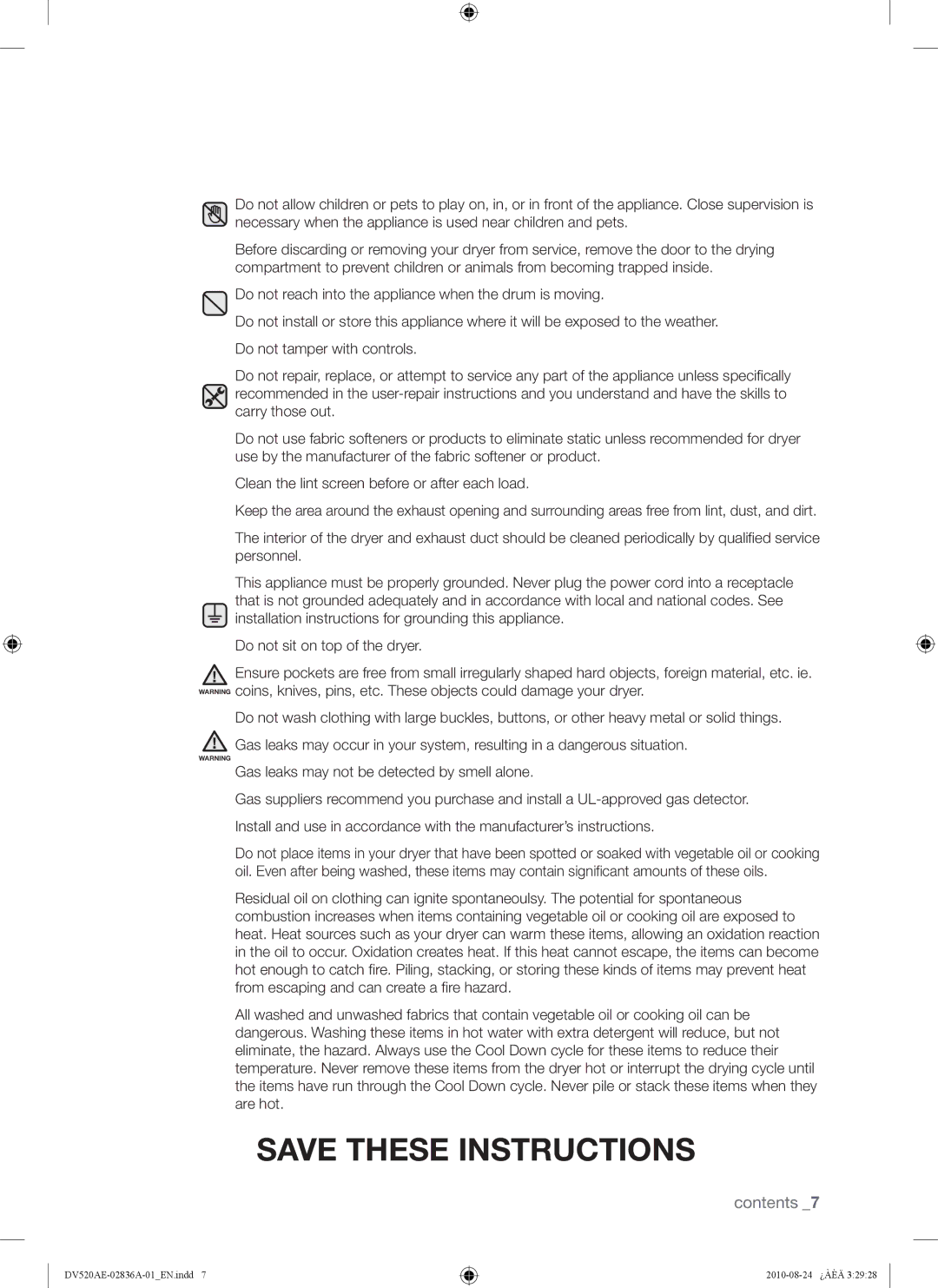 Samsung DV520AE-02836A-01 user manual Contents 