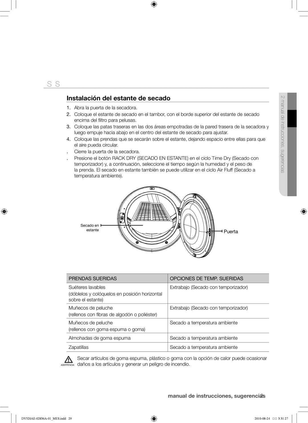 Samsung DV520AE-02836A-01 user manual Rack Dry Secado en estante, Instalación del estante de secado, Puerta 