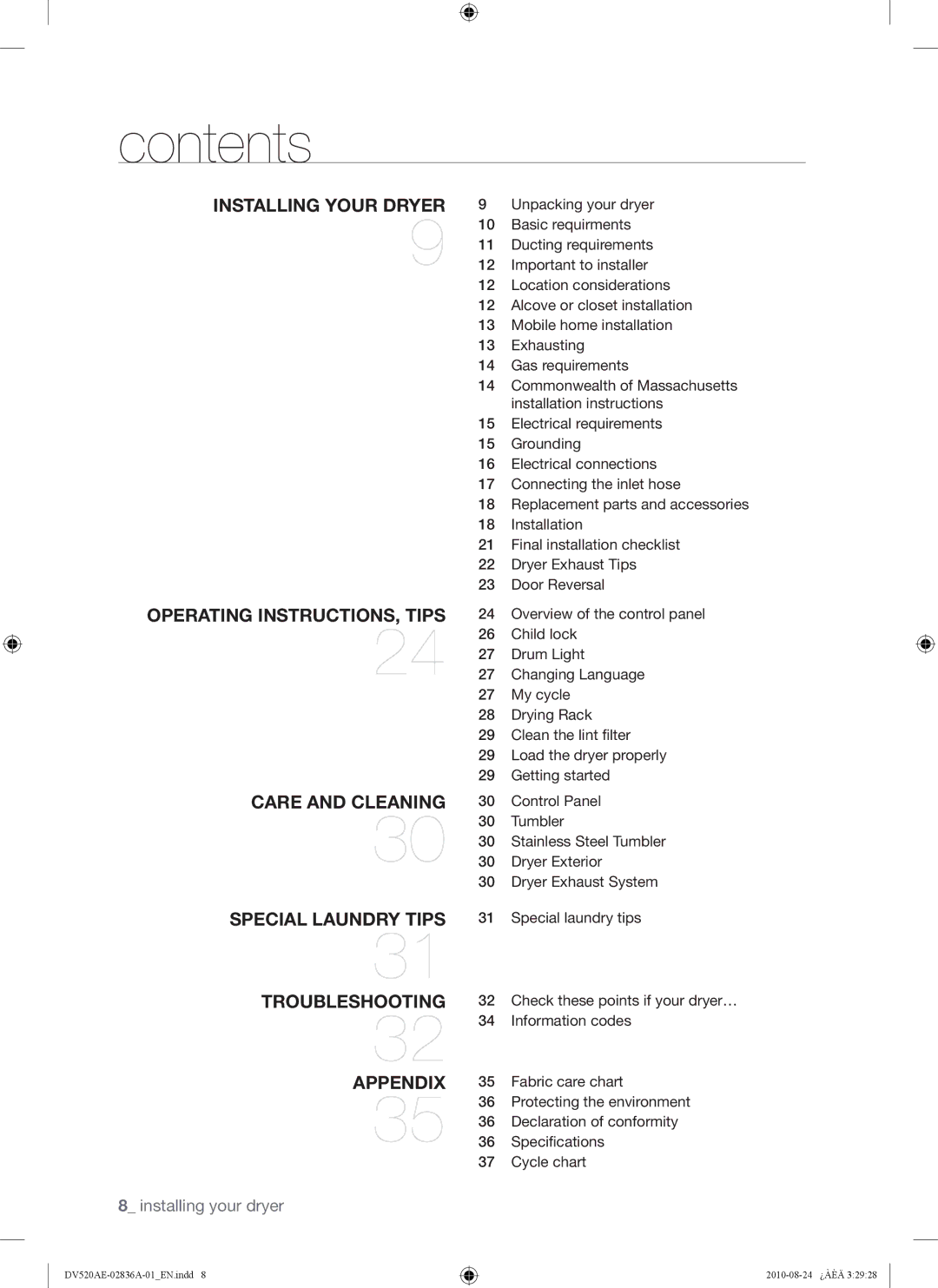 Samsung DV520AE-02836A-01 user manual Contents 