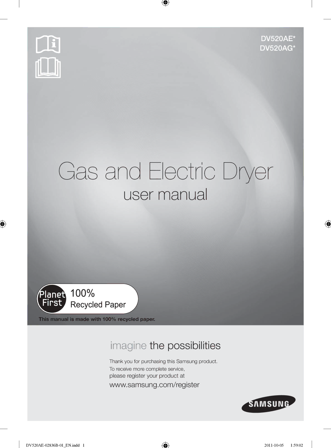 Samsung DV520AEP/XAA manual Gas and Electric Dryer, This manual is made with 100% recycled paper 