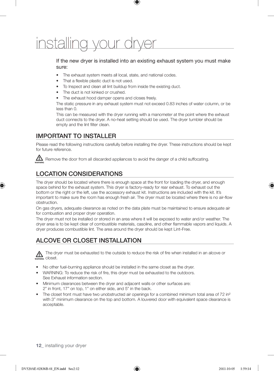 Samsung DV520AEP/XAA manual Important to Installer, Location Considerations, Alcove or Closet Installation 