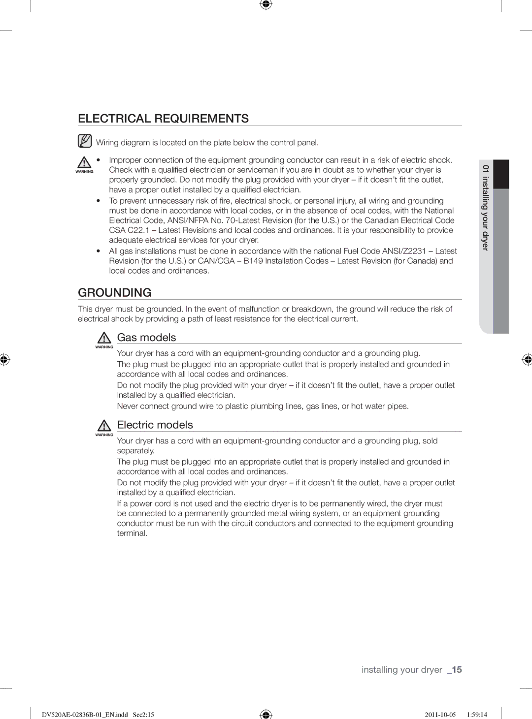 Samsung DV520AEP/XAA manual Electrical Requirements, Grounding, Gas models, Electric models 