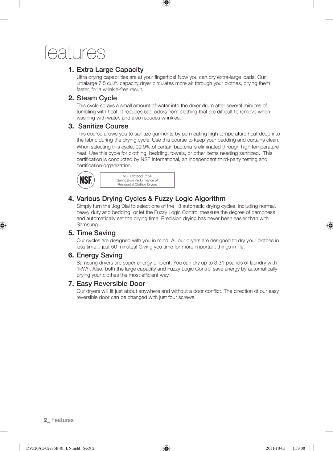 Samsung DV520AEP/XAA manual Features 