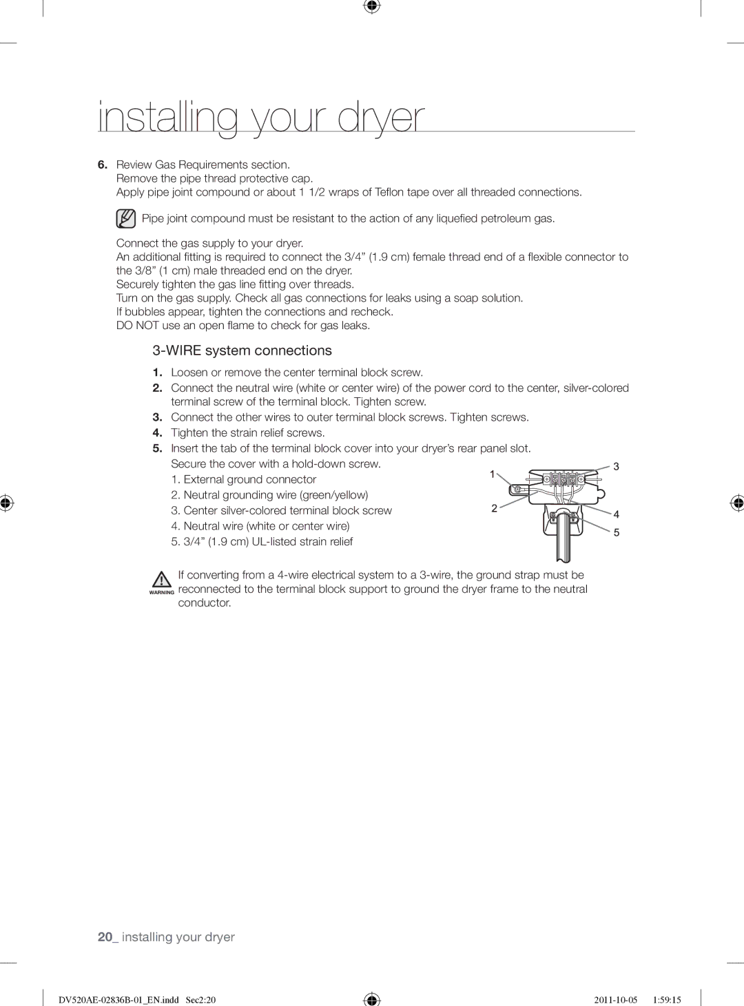 Samsung DV520AEP/XAA manual Wire system connections, Conductor 