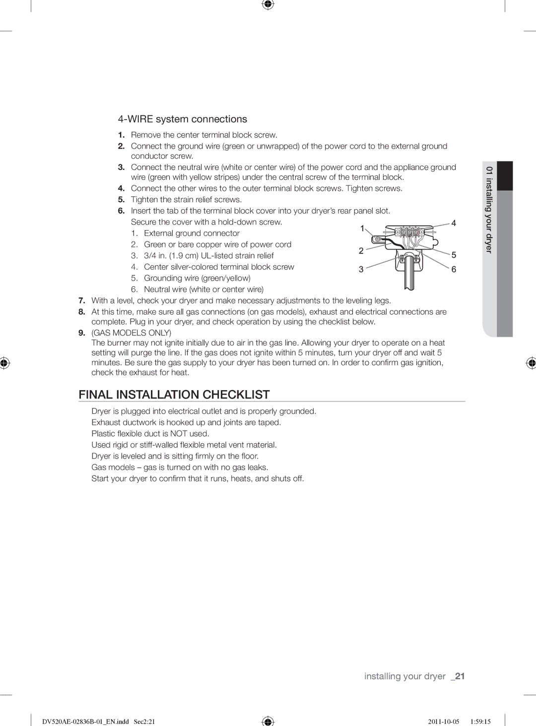 Samsung DV520AEP/XAA manual Final Installation Checklist, GAS Models only 