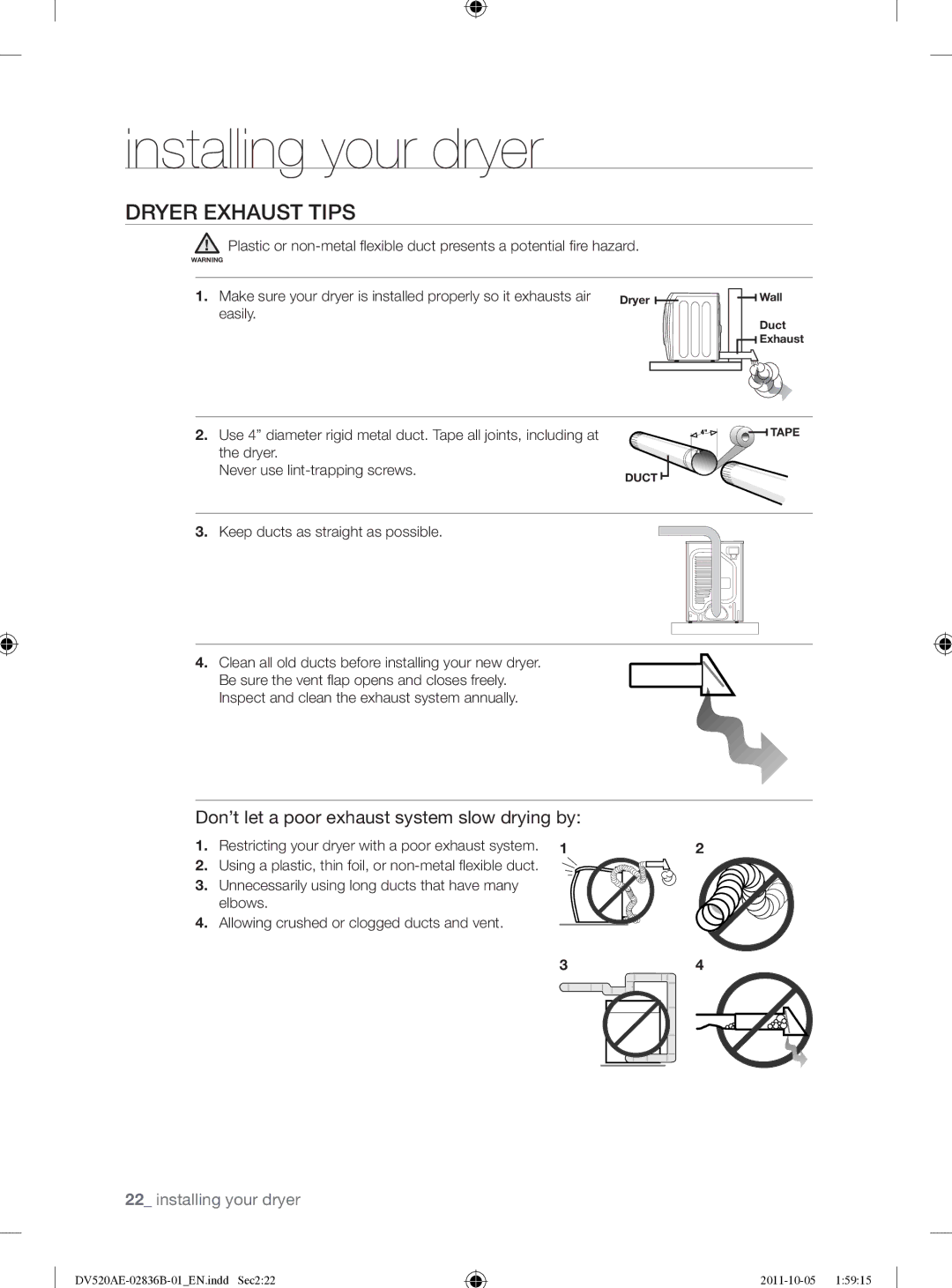 Samsung DV520AEP/XAA manual Dryer Exhaust Tips, Don’t let a poor exhaust system slow drying by 