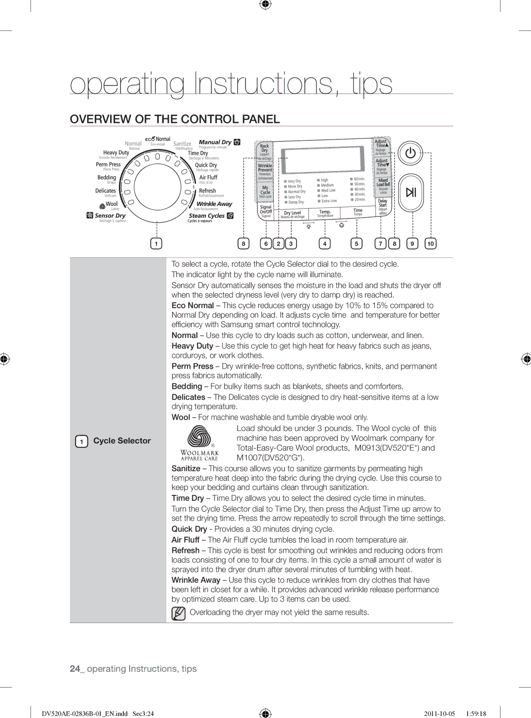 Samsung DV520AEP/XAA manual Operating Instructions, tips, Overview of the Control Panel, Cycle Selector 