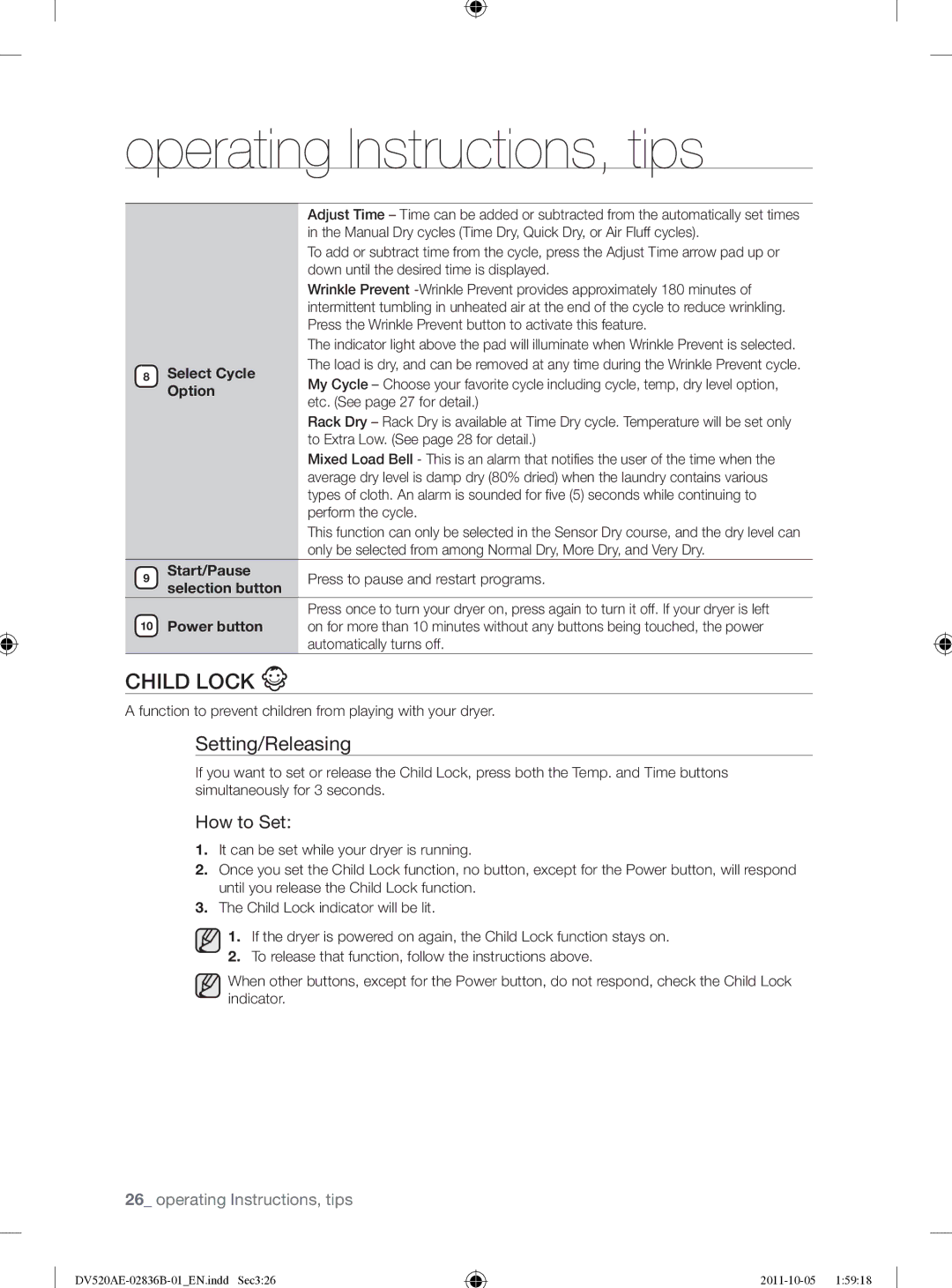 Samsung DV520AEP/XAA manual Child Lock, Setting/Releasing, How to Set 