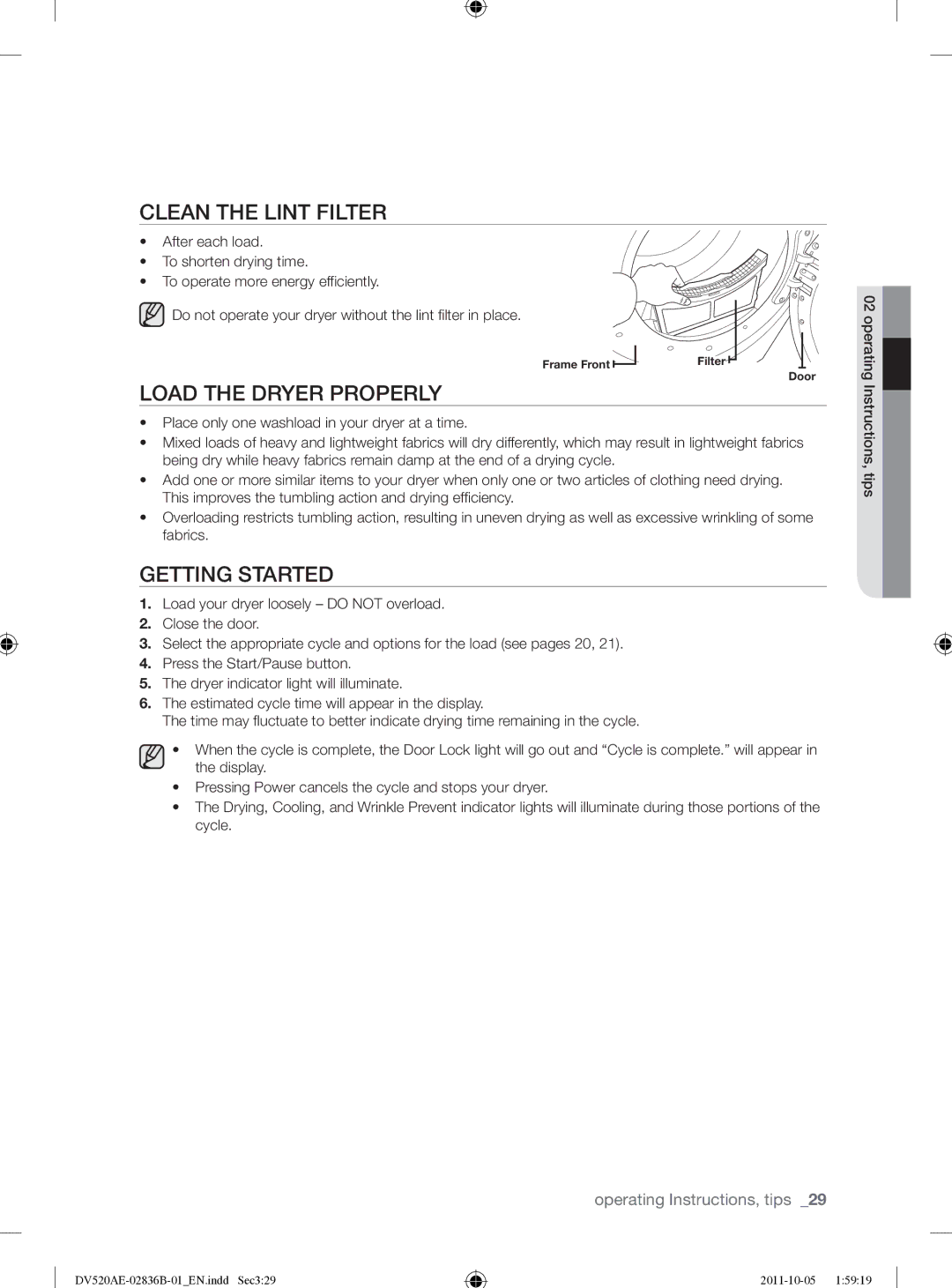 Samsung DV520AEP/XAA manual Clean the Lint Filter, Load the Dryer Properly, Getting Started 