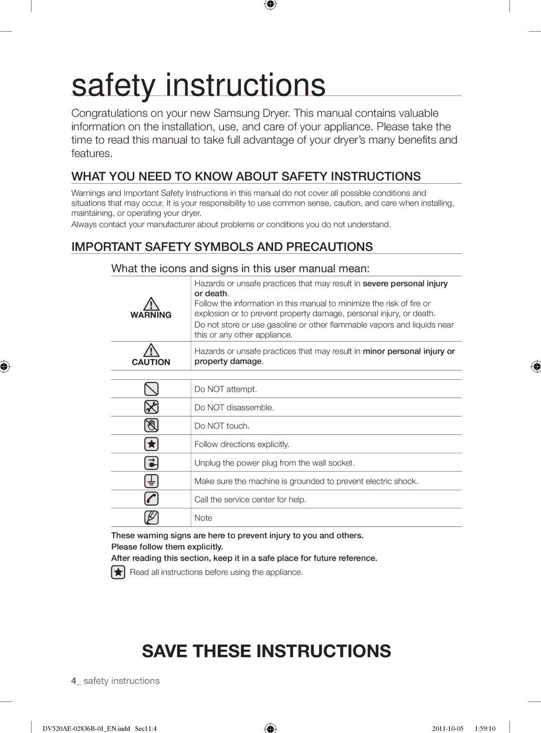 Samsung DV520AEP/XAA manual Safety instructions, What YOU Need to Know about Safety Instructions 