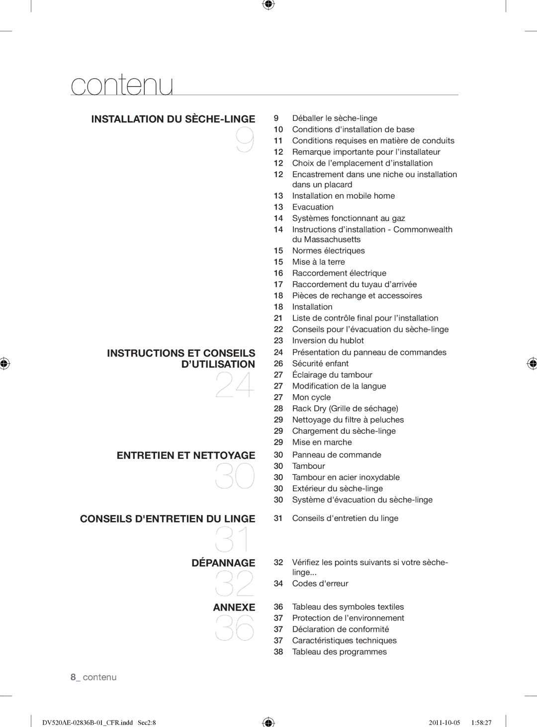 Samsung DV520AEP/XAA manual Contenu 