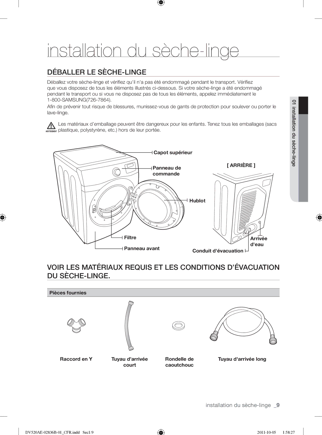 Samsung DV520AEP/XAA manual Installation du sèche-linge, Déballer LE SÈCHE-LINGE, Arrière 