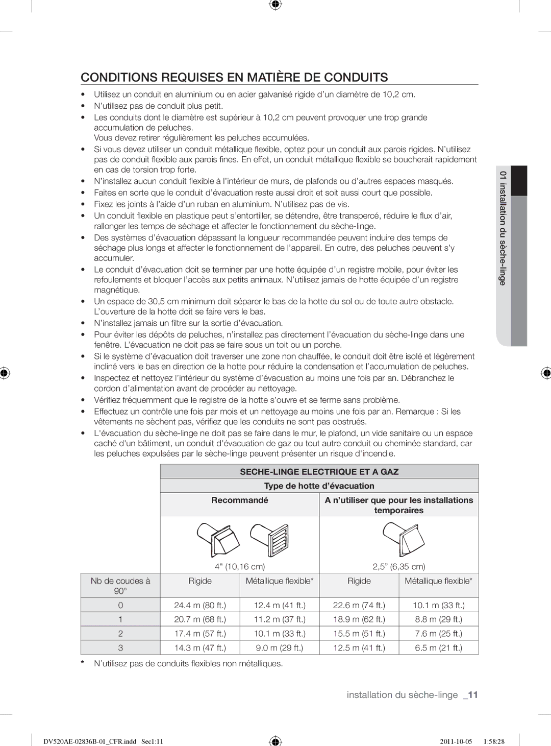 Samsung DV520AEP/XAA manual Conditions Requises EN Matière DE Conduits, SECHE-LINGE Electrique ET a GAZ 