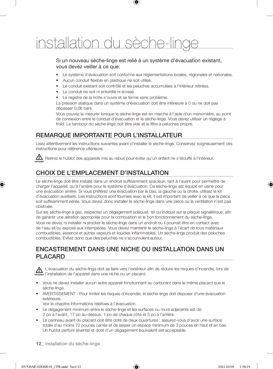 Samsung DV520AEP/XAA manual Remarque Importante Pour L’INSTALLATEUR, Choix DE L’EMPLACEMENT D’INSTALLATION 