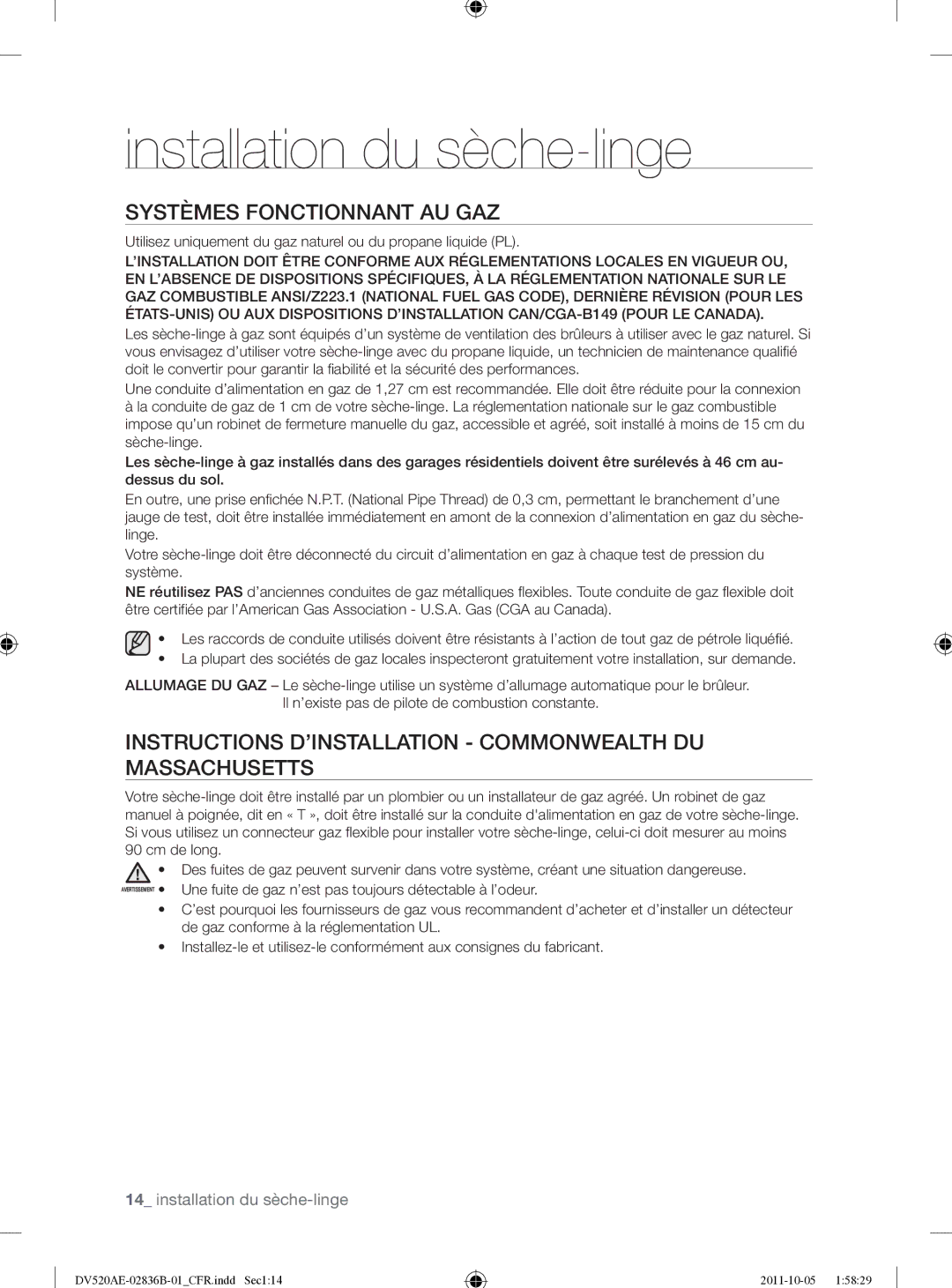 Samsung DV520AEP/XAA manual Systèmes Fonctionnant AU GAZ, Instructions D’INSTALLATION Commonwealth DU Massachusetts 