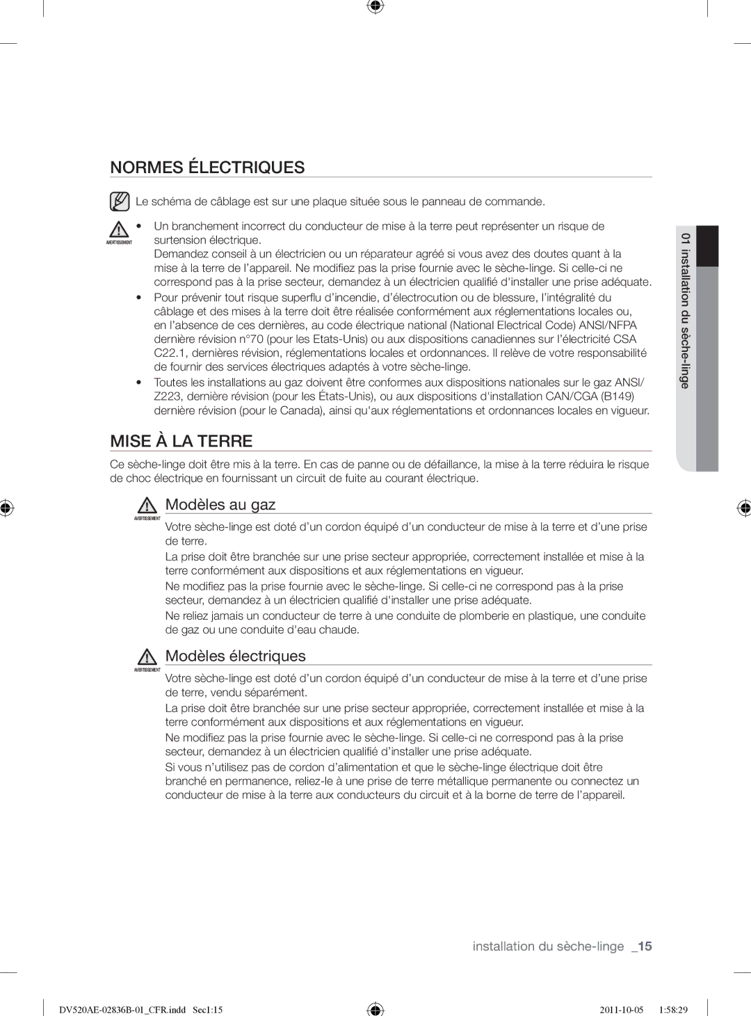 Samsung DV520AEP/XAA manual Normes Électriques, Mise À LA Terre, Modèles au gaz, Modèles électriques 