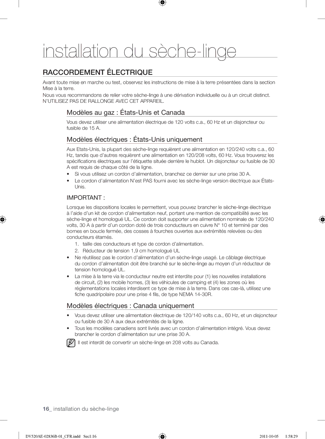 Samsung DV520AEP/XAA Raccordement Électrique, Modèles au gaz États-Unis et Canada, Modèles électriques Canada uniquement 