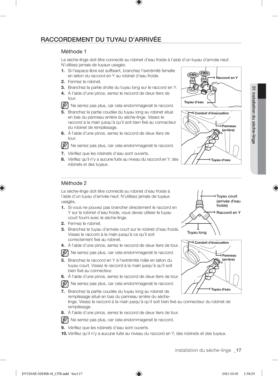 Samsung DV520AEP/XAA manual Raccordement DU Tuyau D’ARRIVÉE, Méthode 