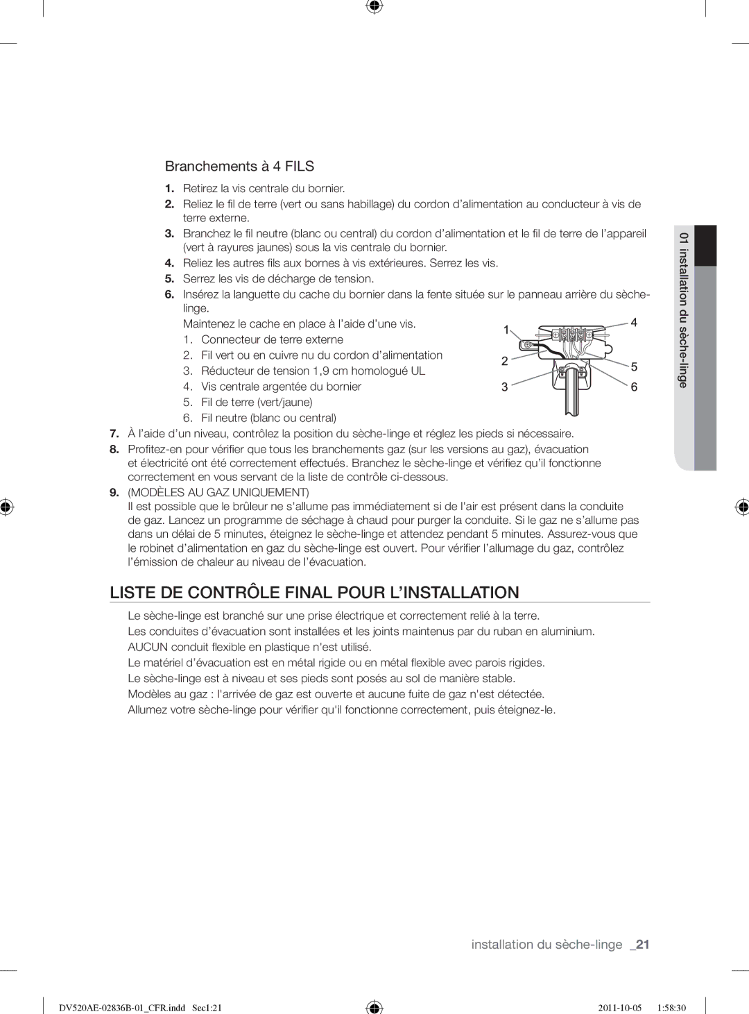 Samsung DV520AEP/XAA manual Liste DE Contrôle Final Pour L’INSTALLATION, Branchements à 4 Fils 