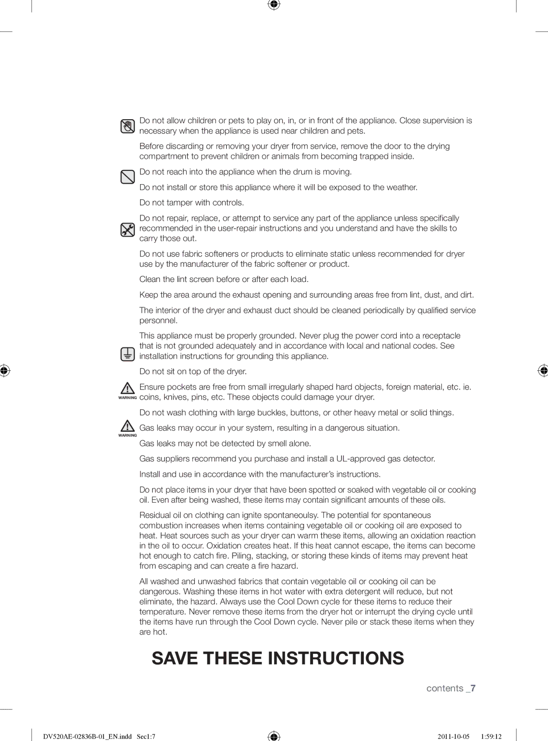 Samsung DV520AEP/XAA manual Contents 