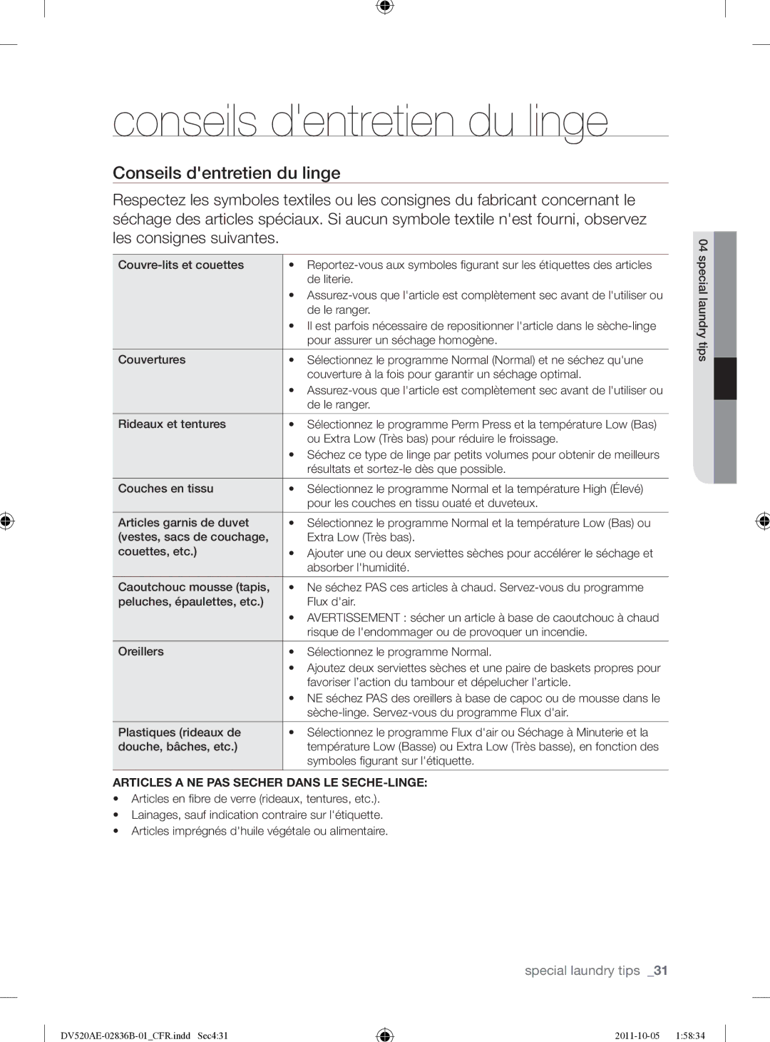 Samsung DV520AEP/XAA manual Conseils dentretien du linge, Articles a NE PAS Secher Dans LE SECHE-LINGE 